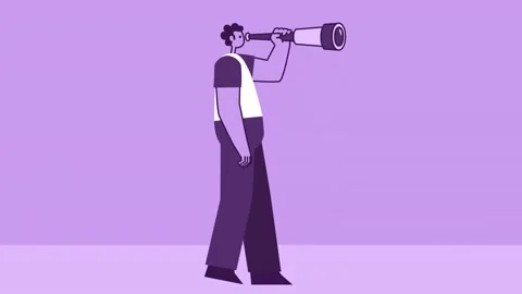 Purple Style Man Flat Character Walking Cycle and Looking Through Telescope 스톡 동영상 196989422