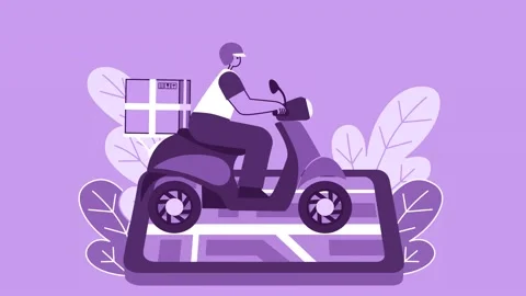 Purple Style Man Flat Character Riding Delivery Scooter or Moped with Cardboard 스톡 동영상 197540337