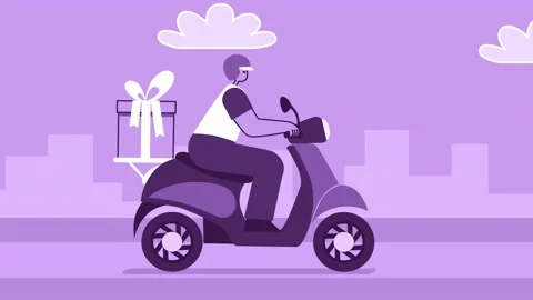 Purple Style Man Flat Character Riding Delivery Scooter with Gift Box. Isolated 스톡 동영상 197540404