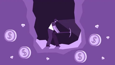 Purple Style Man Flat Character Mining Dollar Coins Cent in Cave. Isolated Loop 스톡 동영상 198330754