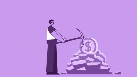 Purple Style Man Flat Character Mining Dollar Money. Isolated Loop Animation Stock Footage 200988752