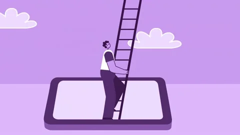 Purple Style Man Flat Character Climb Up Ladder from Smartphone. Isolated Loop Stock-Footage 200988900