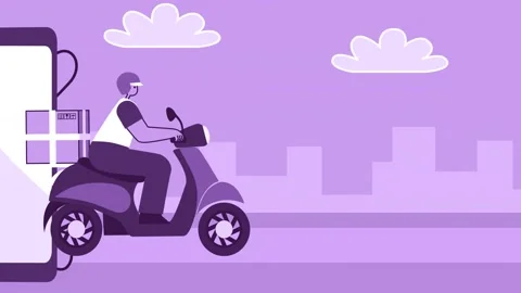 Purple Style Man Flat Character Delivery Scooter Riding of Smartphone. Isolated Stock-Footage 201264106
