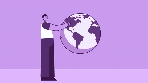 Purple Style Man Flat Character Turning Planet Globe. Isolated Loop Animation 스톡 동영상 201266007