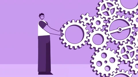 Purple Style Man Flat Character Turns Cog Gear Mechanism. Isolated Loop Stock-Footage 201277474