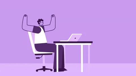 Purple Style Man Flat Character with Laptop Happily Jumping at Workplace 스톡 동영상 201291278