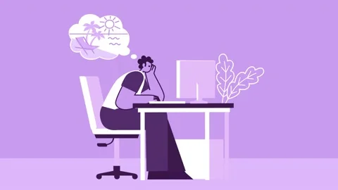 Purple Style Man Flat Character Daydreaming About Summer Vacation at Workplace Stock Footage 201291359