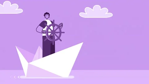 Purple Style Man Flat Character Floats on Paper Boat. Isolated Loop Animation Stock-Footage 201304924