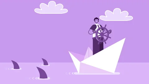 Purple Style Man Flat Character Sailing Away from Sharks on Paper Boat. Isolated Stock-Footage 201527051