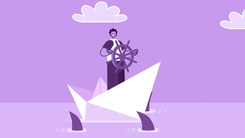 Purple Style Man Flat Character Sailing Surrounded by Sharks on Paper Ship Boat. Video stock 201527071