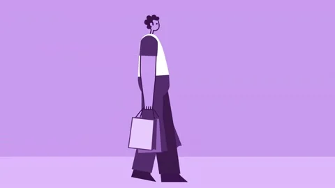 Purple Style Man Flat Character Walking with Shopping Bags. Isolated Animation Stock Footage 201535183