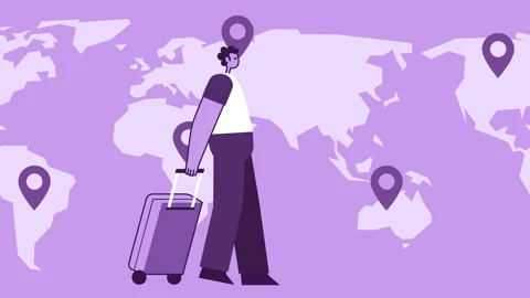 Purple Style Man Flat Character Walking with Travel Suitcase on World Map Loop Stock-Footage 201535771