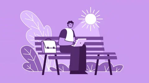 Purple Style Man Flat Character Working Sitting on Bench with Laptop. Isolated Stock Footage 201539560