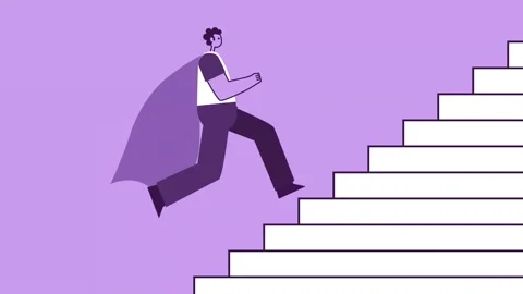 Purple Style Man Superhero Flat Character Run Up the Stairs. Isolated Loop 스톡 동영상 201290219