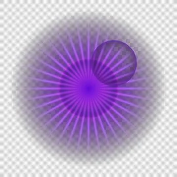 Purple sunburst design with gradient circle and small sphere on white backg.. Stock Photos