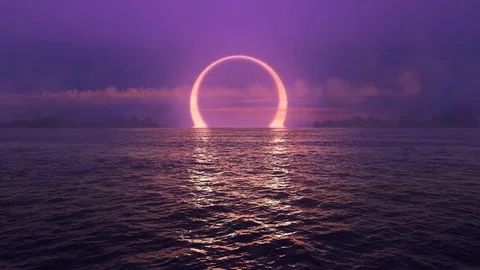 Purple sunset and solar eclipse over seamlessly looped ocean.  Stock Footage 81531388