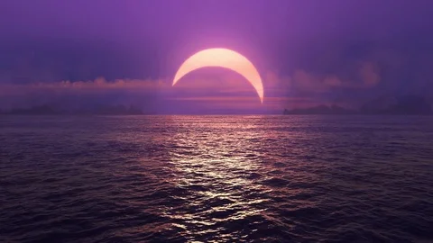 Purple sunset and solar eclipse over seamlessly looped ocean.  Stock Footage 82082236