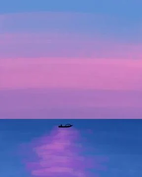 Purple Sunset Ocean With Tiny Sailboat Illustration Stock Illustration