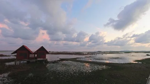 Purple sunset sky time lapse old abandon twin house in Talay Noi Lake in Ph.. Stock-Footage 276261617