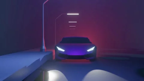 Purple super car driving through futuristic neon tunnel at night Stock Footage 333486853