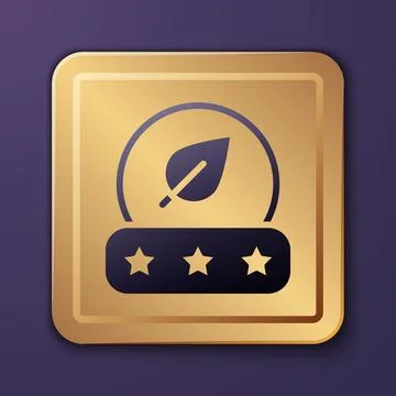 Purple Tea leaf icon isolated on purple background. Tea leaves. Gold square.. Illustrazione stock