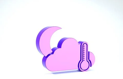 Purple Thermometer and cloud with moon icon isolated on white background. 3d  Stock Illustration