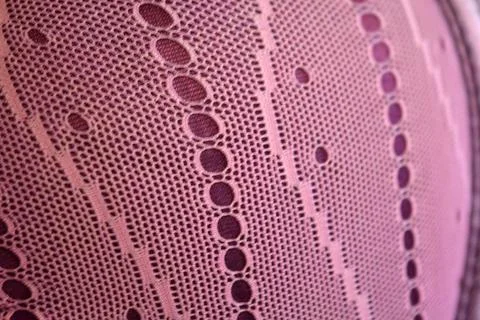Purple thin fabric mesh is located on purple glossy fabric. Stock Photos