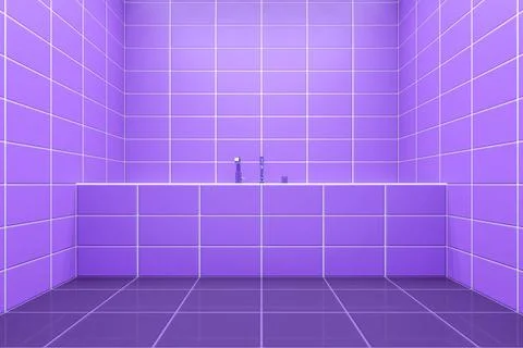 Purple tiled bathroom side view to the tub 3d rendering of a purple tiled ... Stock Photos