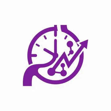 Purple time tracking clock with growth arrow and molecules. Stock Illustration