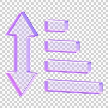 Purple translucent sort icon featuring arrows and bars for organizing lists.. Stock Illustration