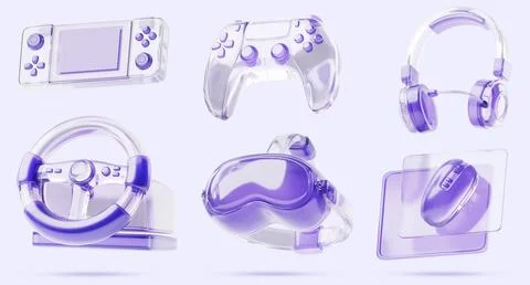Purple transparent 3D electronic gadget set - glass hologram handheld console Illustrazione stock