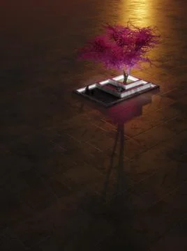 Purple tree in a zen-like marble bed with fallen petals at sunset. Fantasy ba Stock Illustration