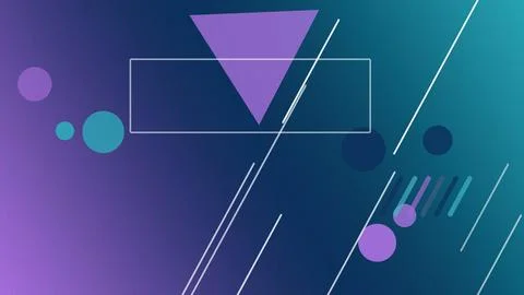 A purple triangle and outlined rectangle frames sit amid neon circles and d.. イラスト素材