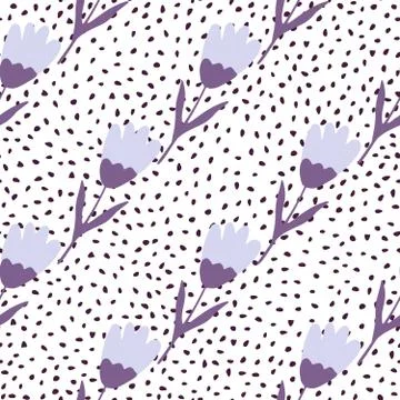 Purple tulip seamless pattern on dots background. Cute flower wallpaper. Abst Stock Illustration