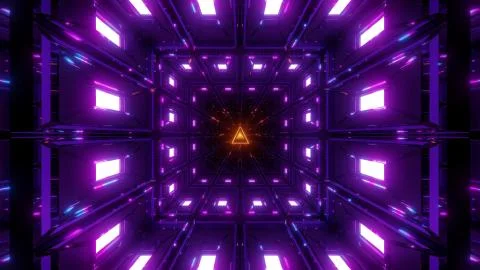 Purple tunnel with nice reflection and orange wireframe background 3d rendering, 스톡 일러스트