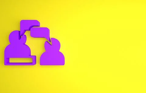 Purple Two sitting men talking icon isolated on yellow background. Speech bub Stock Illustration