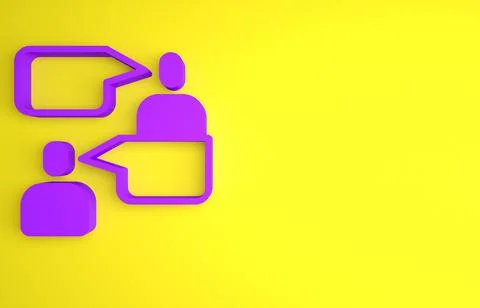 Purple Two sitting men talking icon isolated on yellow background. Speech bub Stock Illustration