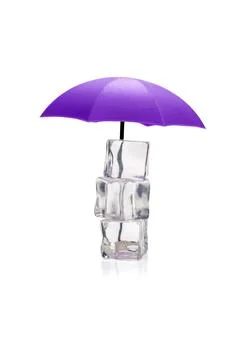 Purple umbrella protecting stack of three melting ice cubes on white backgrou 스톡 사진