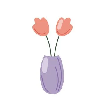 Purple vase holding two simple pink flowers with green stems in flat style Stock Illustration
