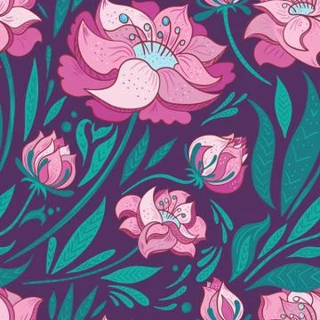 Purple Vector Background with Pink Flowers Stock Illustration
