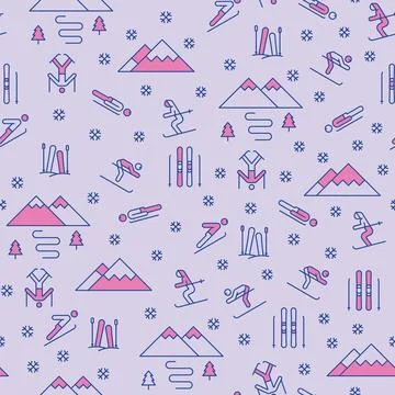 Purple Vector Mountain Skiing Winter landscape repeat pattern design Stock Illustration