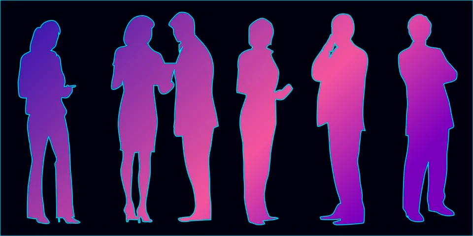 Purple vector shapes of office workers on black background Stock Illustration