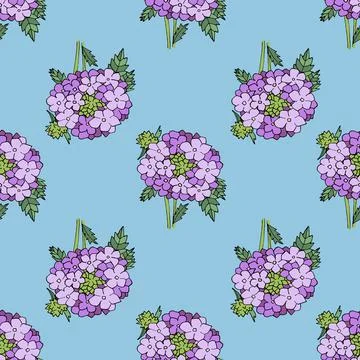 Purple Verbena floral repeat pattern design on blue Stock Illustration