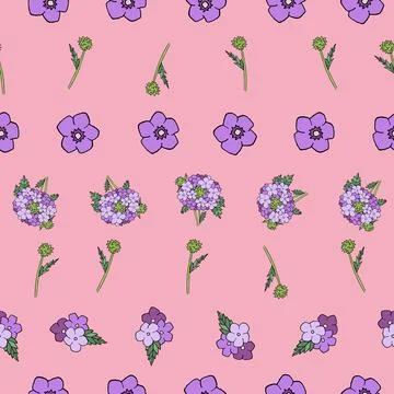 Purple verbena flowers vector repeat pattern background Illustrazione stock