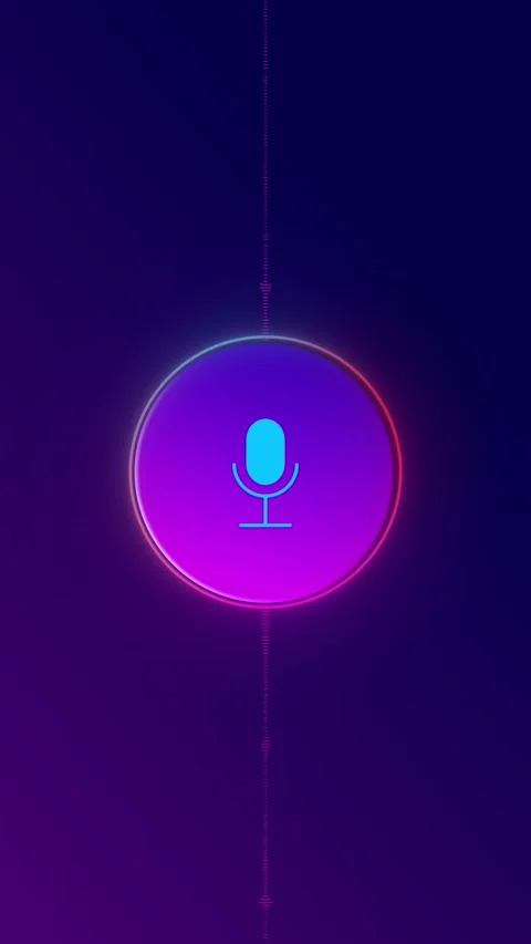 Purple voice assistant microphone background glowing cyan icon, circular sound b Stock Footage 340574080