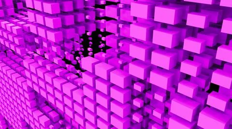 A purple wall of many cubes. Abstract background with flying purple cubes.  Stock Illustration