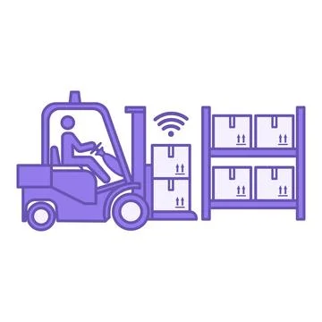 Purple Warehouse Logistics Icon. Vector Illustration. Forklift Unloading Go.. Stock Illustration