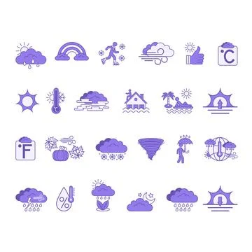 Purple Weather Icon Set. Vector Icons Temperature, Sun, Rain, Wind, Snow, R.. Stock Illustration