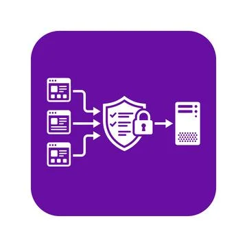 Purple web pages secure gateway icon showing multi source server firewall p.. Stock Illustration