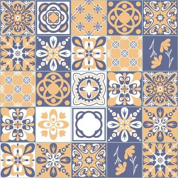 Purple white seamless pattern, traditional Spanish Azulejo tile, vector illus Stock Illustration